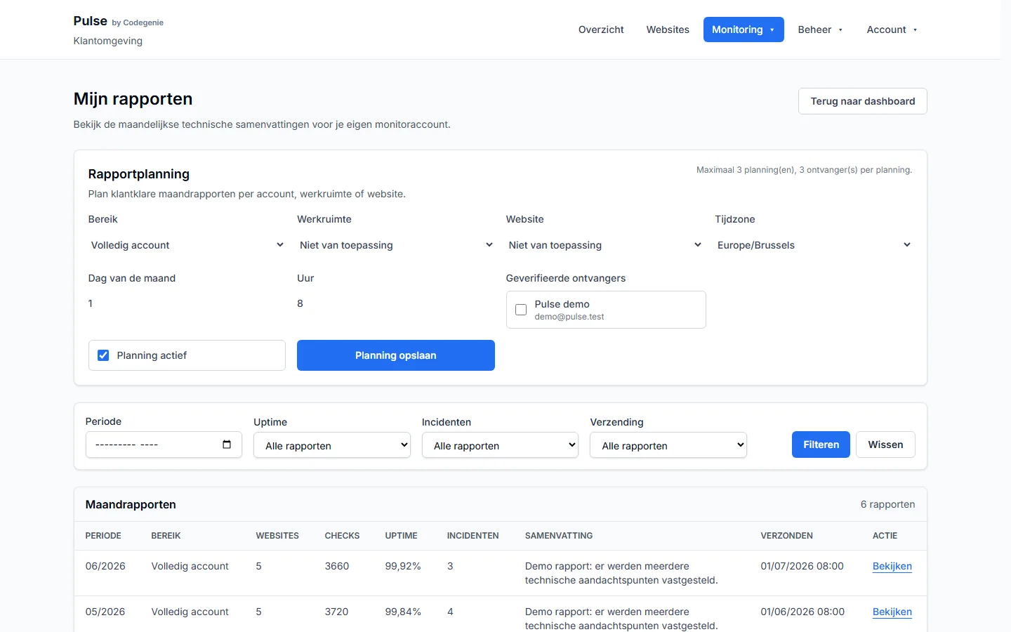 Pulse overzicht met rapportplanning en maandrapporten